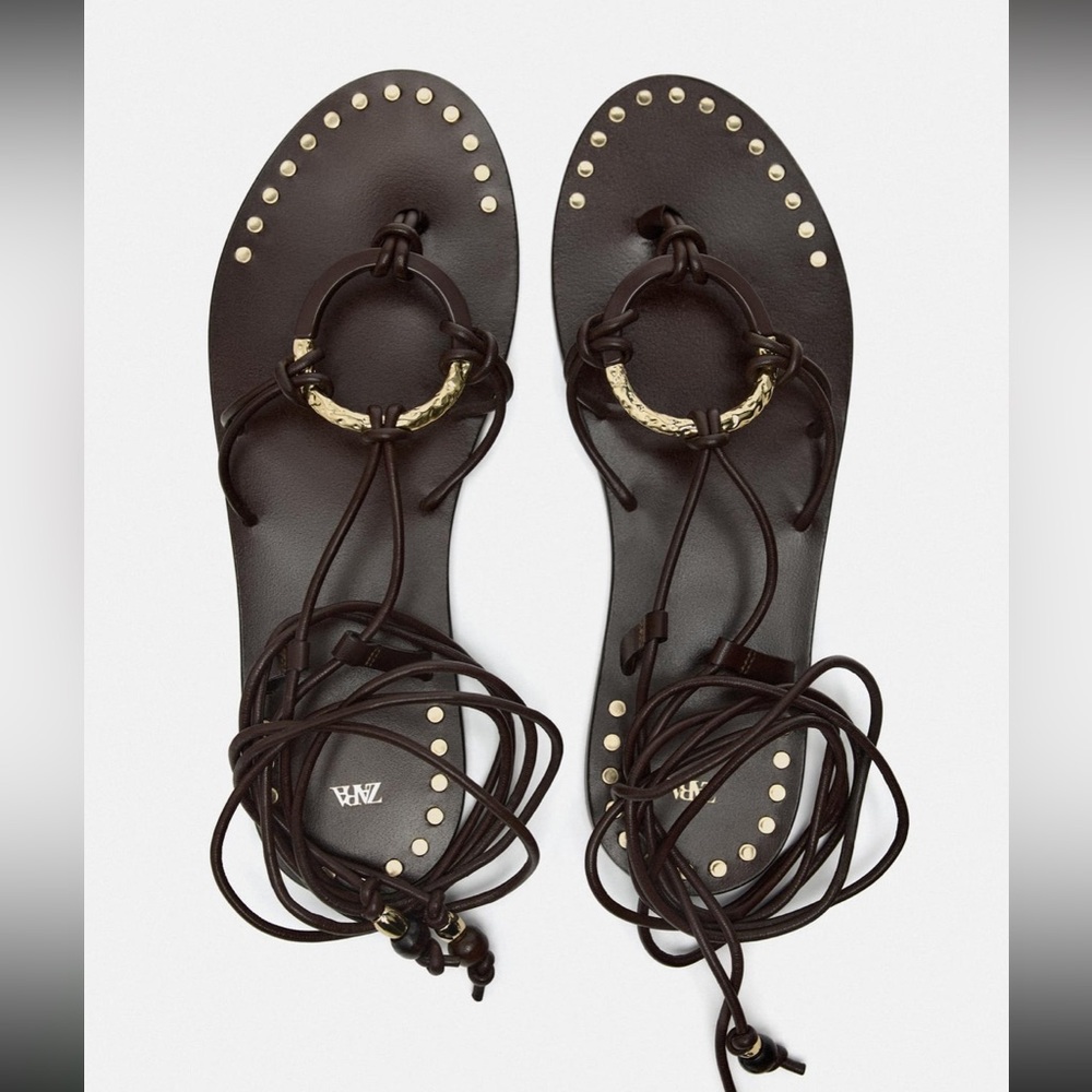 Zara Flat Leather Wrap Sandals EUC - worn 1x